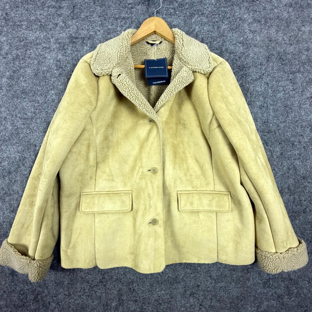 Lands' End Coat Women XL Beige Faux Shearling Suede Look Sherpa Heritage Ranch